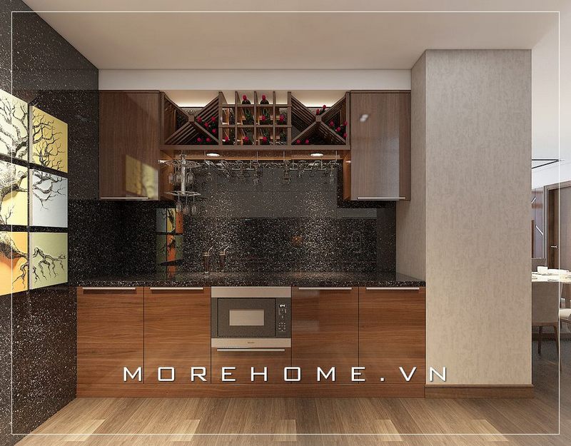 Mẫu tủ rượu gỗ công nghiệp với thiết kế độc đáo kết hợp các ngăn tủ đựng đồ hiện đại, tiện nghi cho căn bếp gia đình